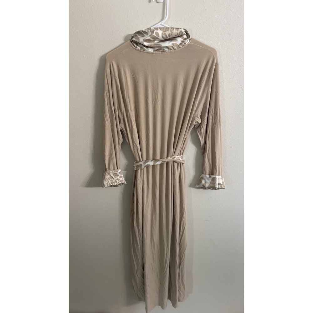 Natori Womens Tan Bamboo Viscose Leopard Print Trim Long Wrap Robe Medium - Picture 4 of 6